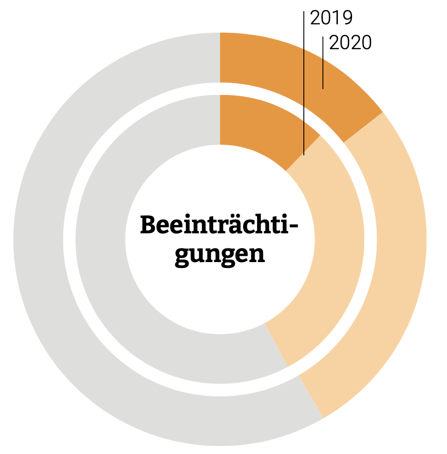 Kreisdiagramm der Beeinträchtigungen altra Mitarbeitende in den Tagesstrukturen im Jahr 2020 – folgende Tabelle gibt weitere Informationen.