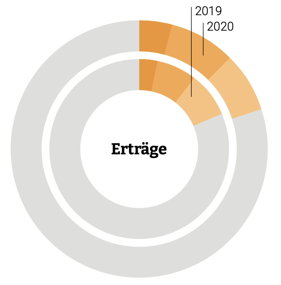 Kreisdiagramm der Erträge im Jahr 2020 – folgende Tabelle gibt weitere Informationen.