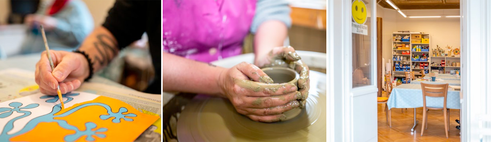 Tätigkeiten aus der Altra in Nahaufnahme. Hand malt auf einem Bild, Hand formt Ton auf einer Töpferscheibe
